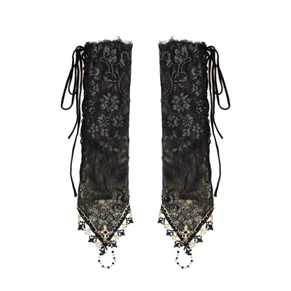 Rizznova Gothic Double-Layer Lace Cross Fingerless Gloves with Adjustable Straps