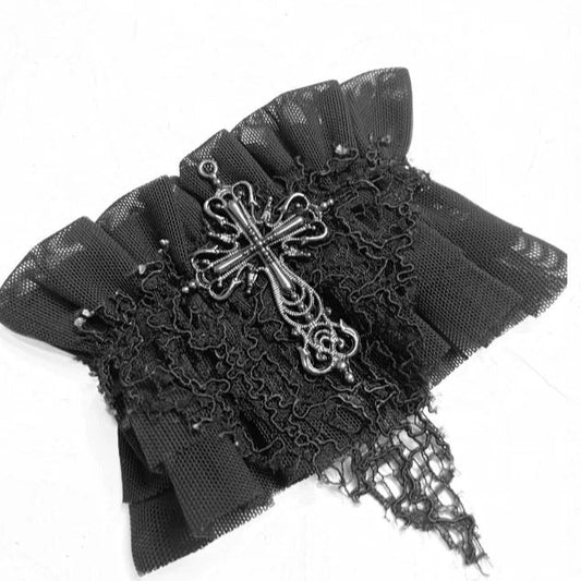 Rizznova Gothic Lace Mesh Cross Wristband Set – Double Layer Subculture Style