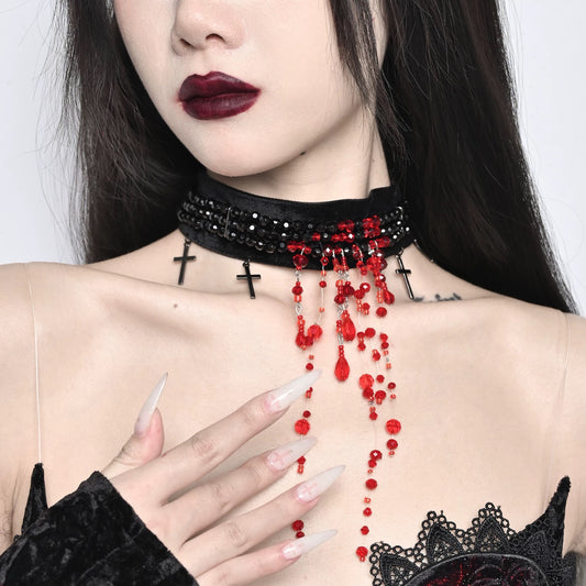 Rizznova Gothic Velvet Pearl Tassel Cross Choker Necklace