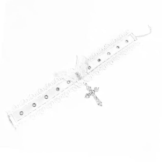 Rizznova White Gothic Lace Butterfly & Cross Choker Necklace