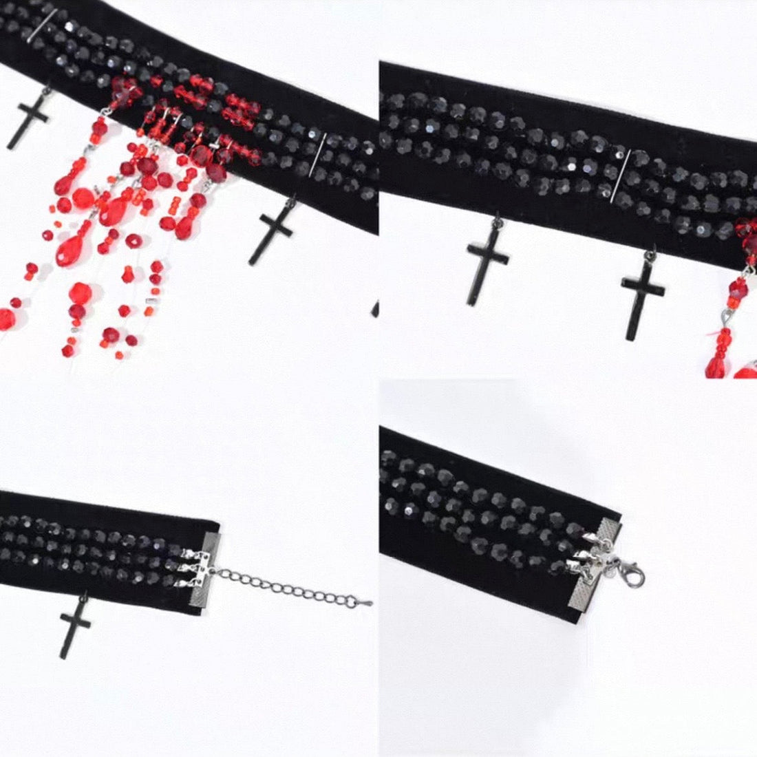Black & Red Velvet Cross Choker back closure view