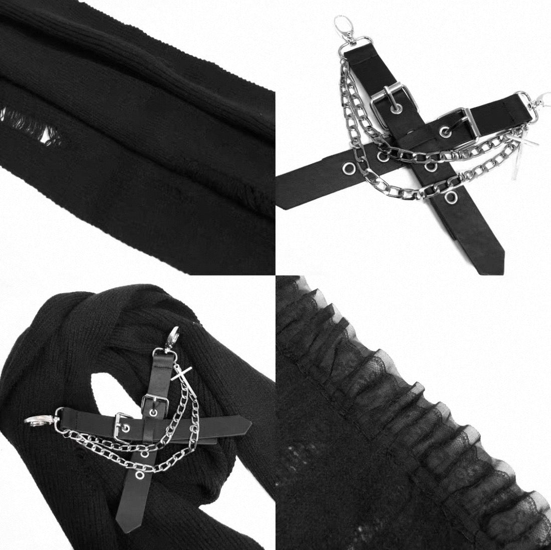 Black Distressed Open-Knit Hood Scarf detail view