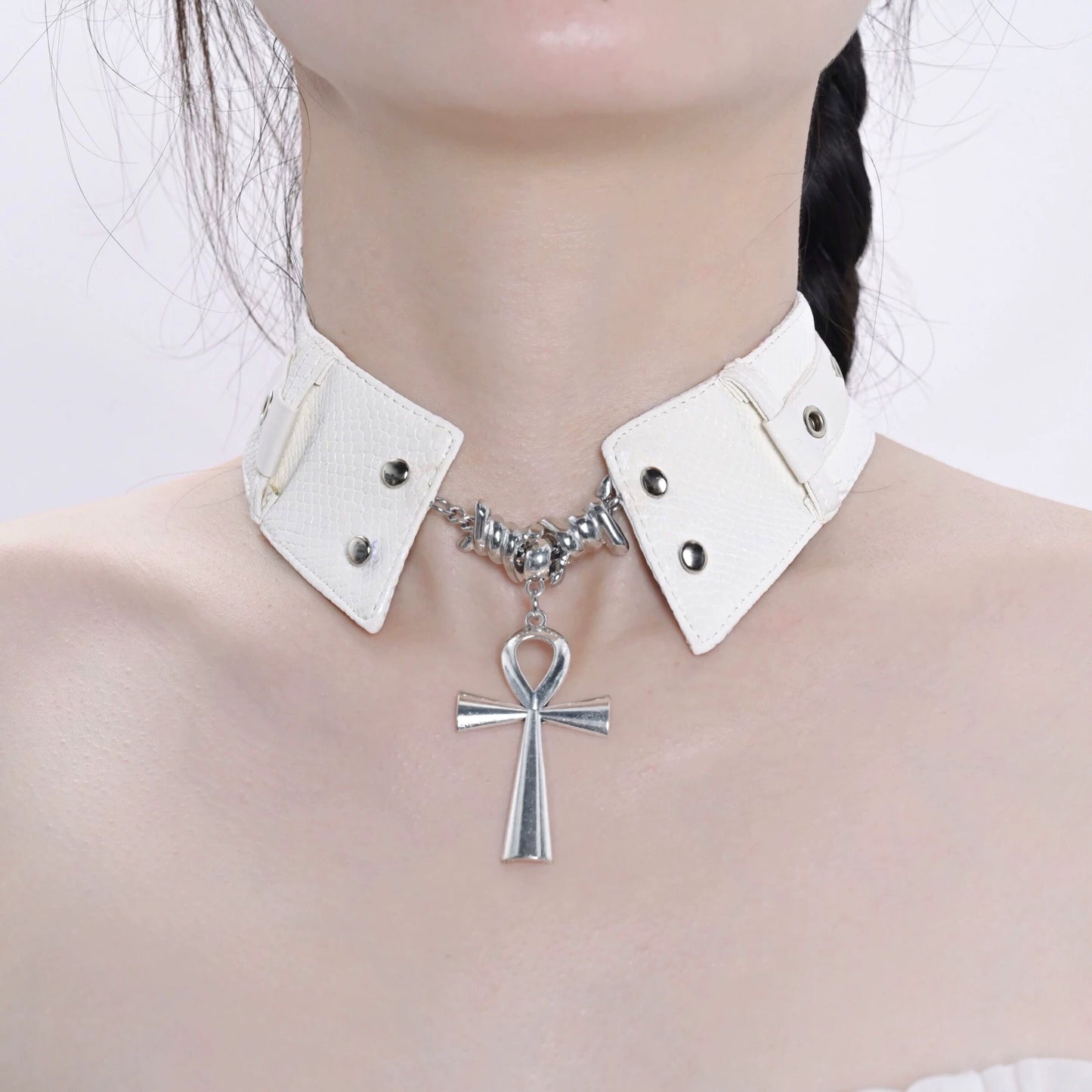 Leather Thorn Cross Choker