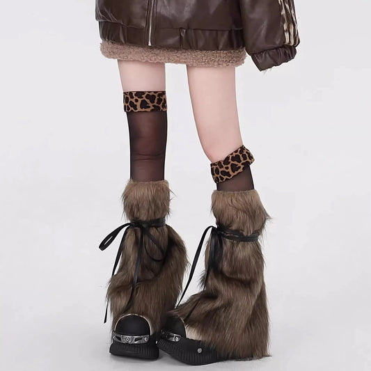 Y2K Furry Knit Leg Warmers – Camel