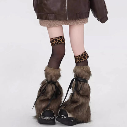 Y2K Furry Knit Leg Warmers – Camel
