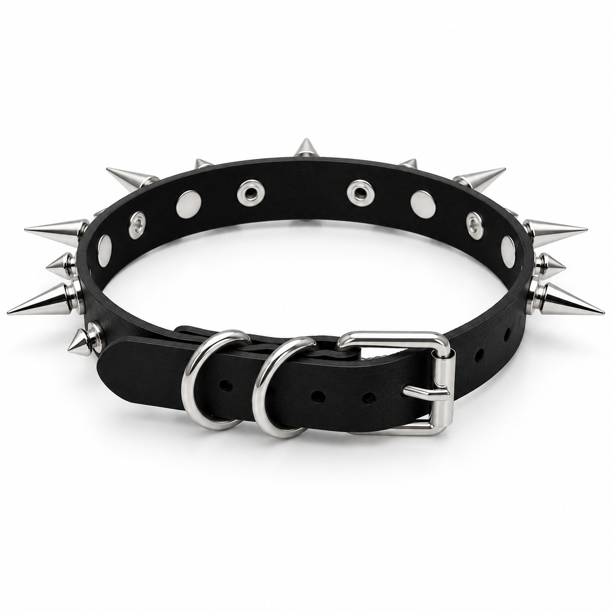 Back view of a black spiked choker showing the buckle and adjustment holes