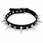 Black choker with alternating long and short silver-tone spikes, front view