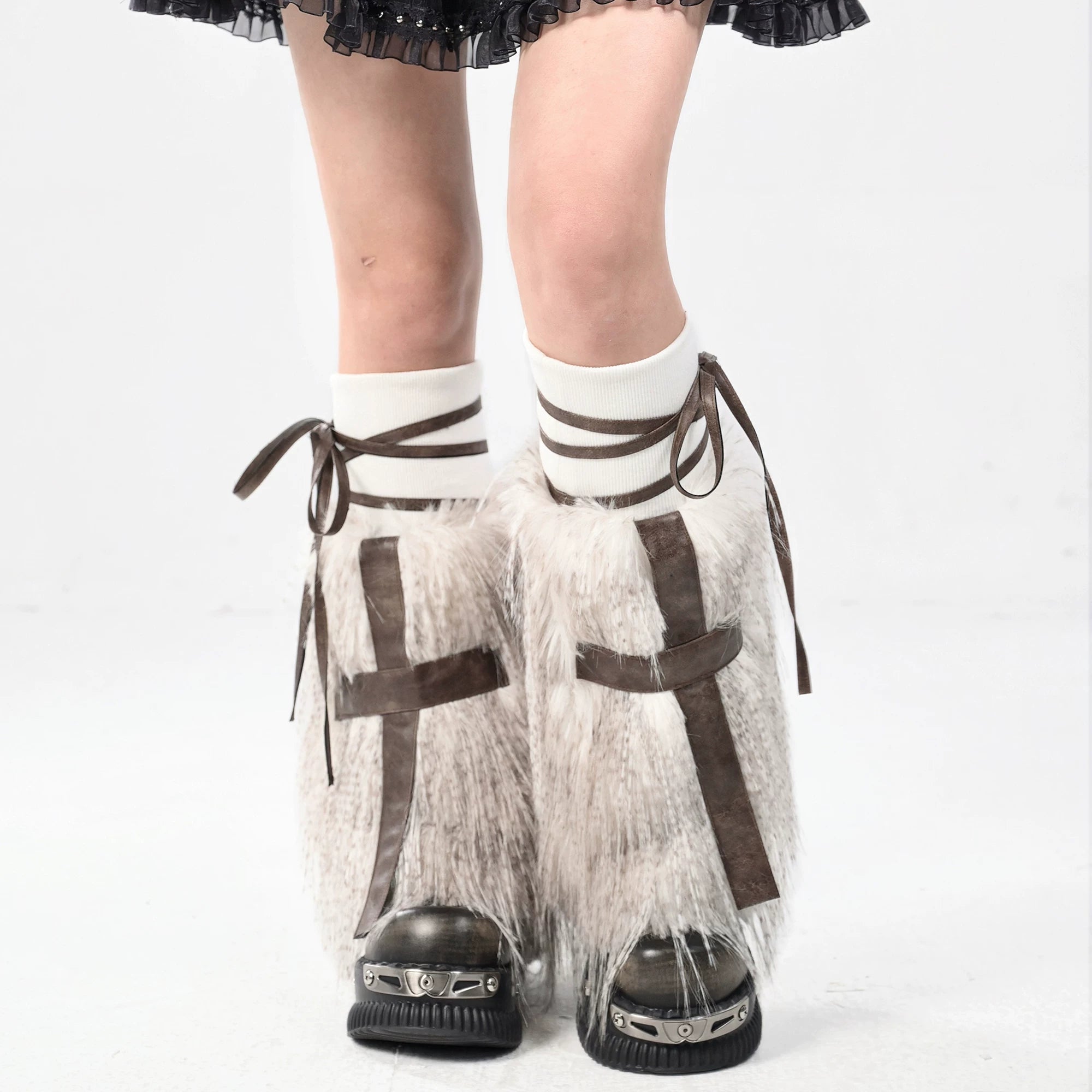 Cross Faux Leather Furry Leg Warmers image 4
