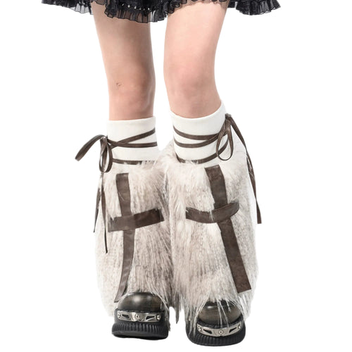 Cross Faux Leather Furry Leg Warmers image 4