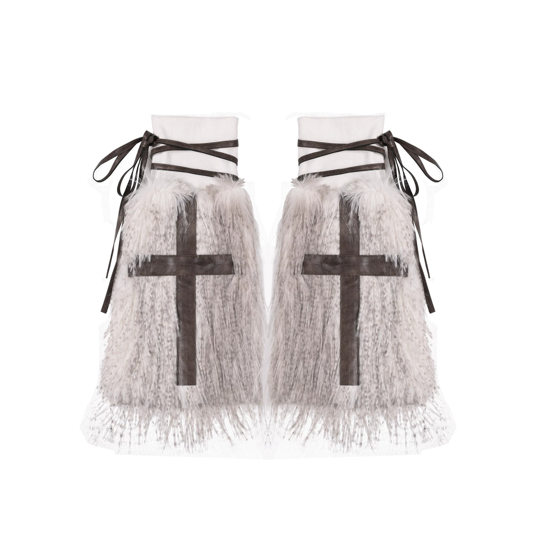 Cross Faux Leather Furry Leg Warmers