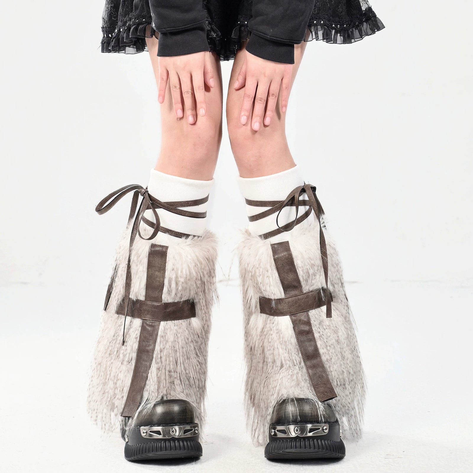Cross Faux Leather Furry Leg Warmers image 3