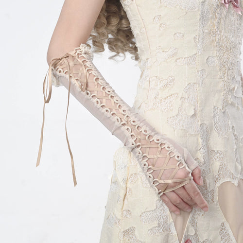 Distressed Cutout Lace-Up Gloves alternative model view