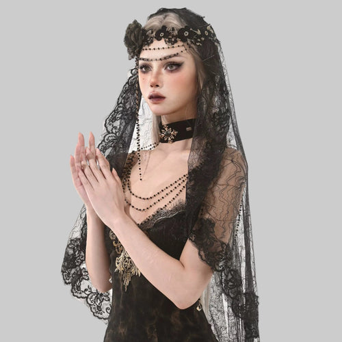 Black Floral Lace Veil Headpiece alternative model view