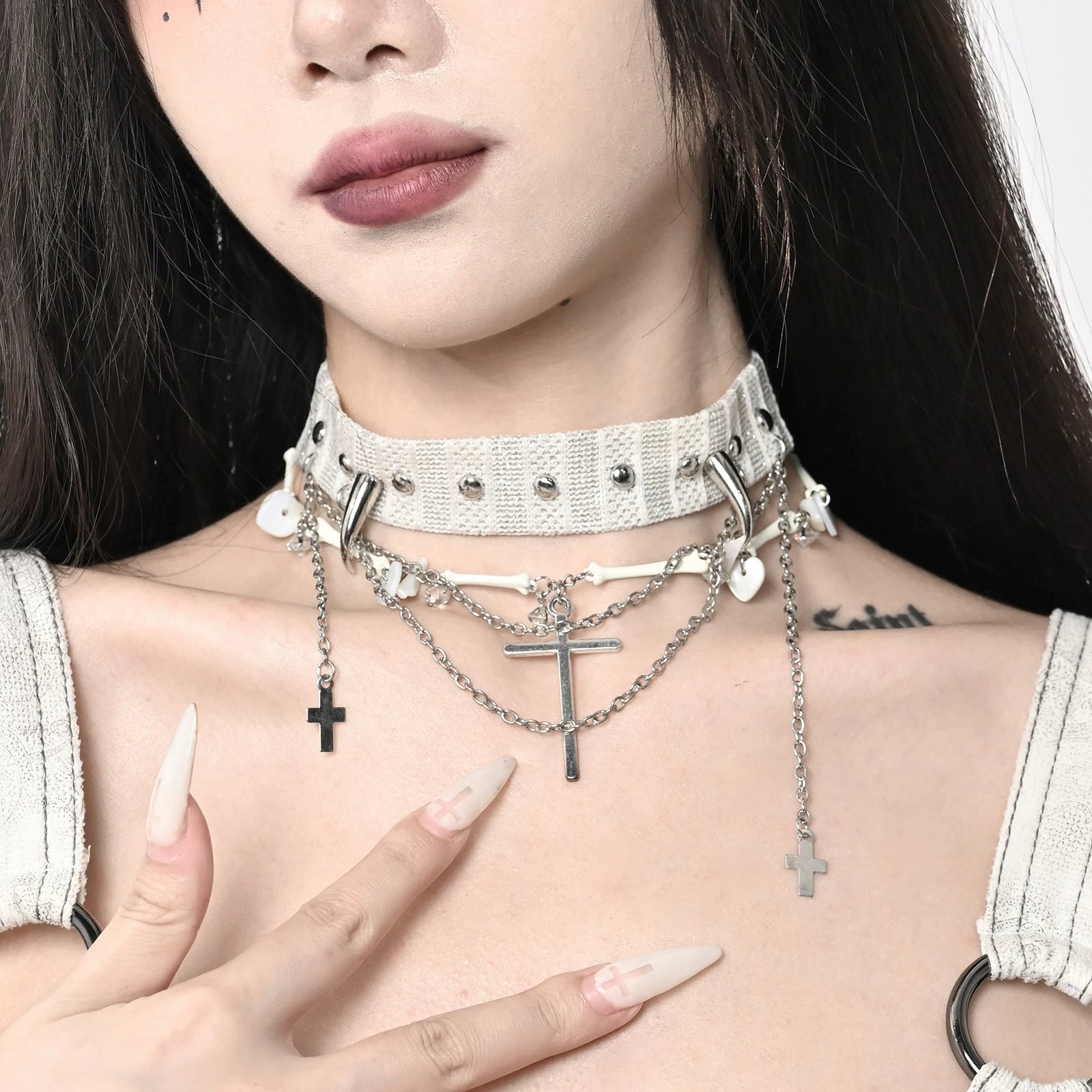 Sweet Dark Cross Chain Spike Necklace image 4