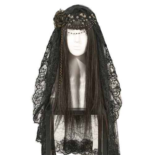 Black Floral Lace Veil Headpiece front view