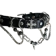Black leather choker hardware and chain detail