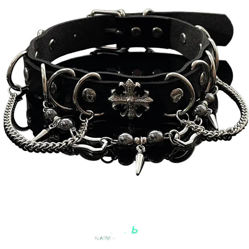 Black leather cross chain choker product view