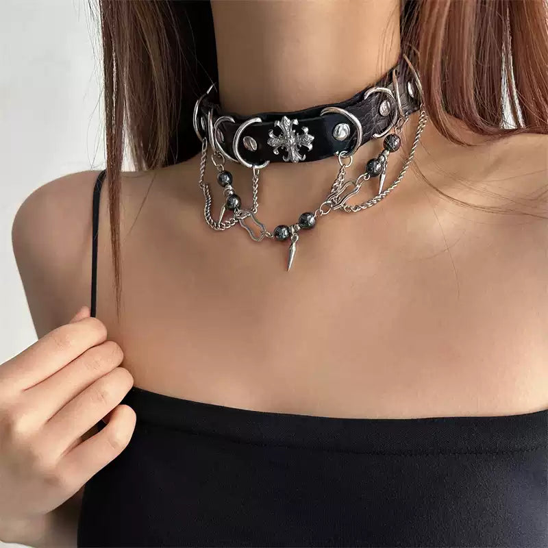 Black leather gothic choker with layered chains worn