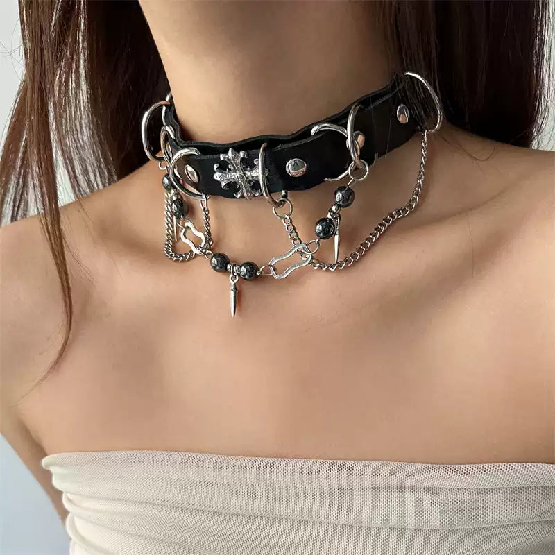 Cross and spike chain choker front worn view