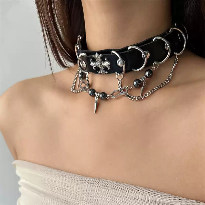 Gothic leather choker side worn view