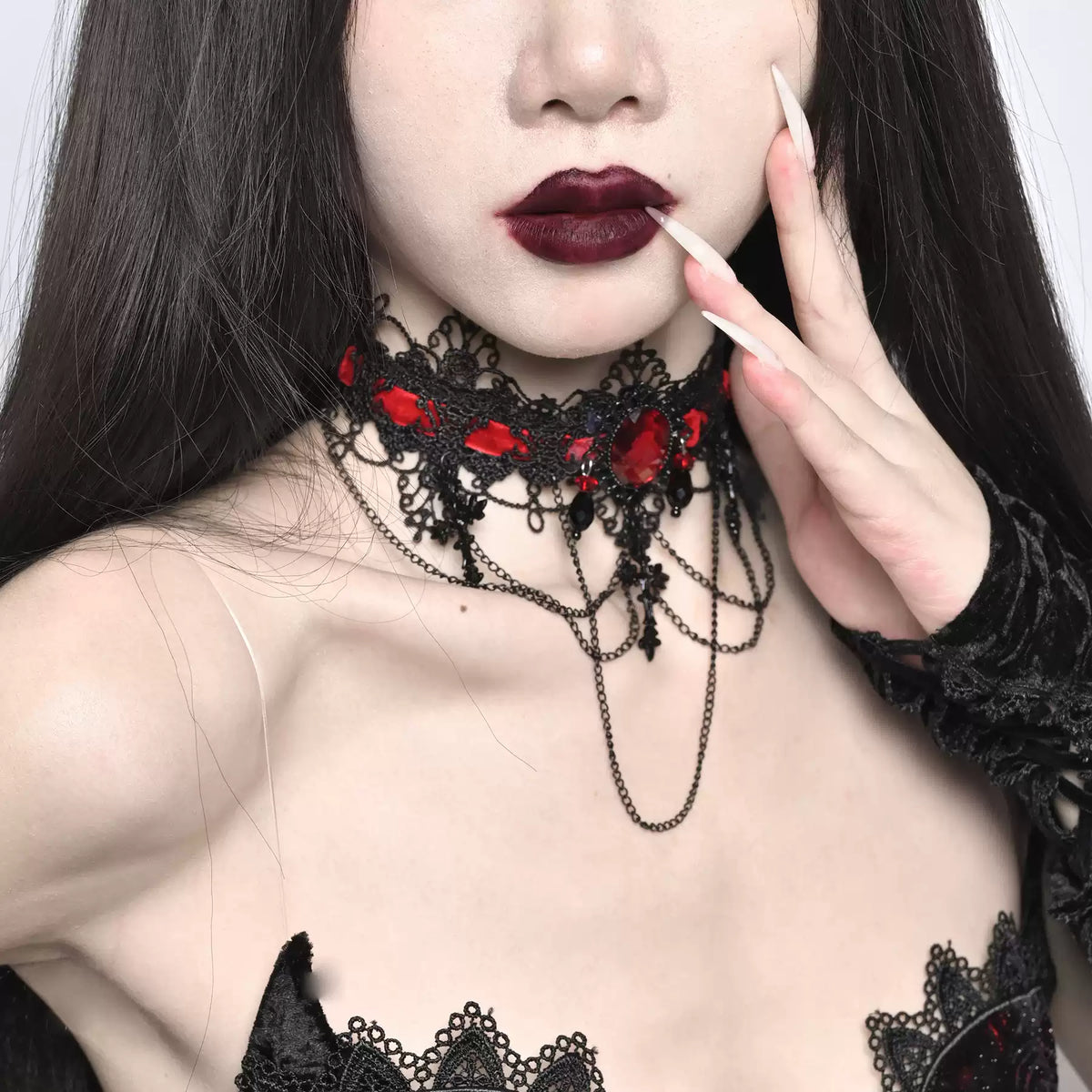 Crimson rose chain choker styled with gothic outfit