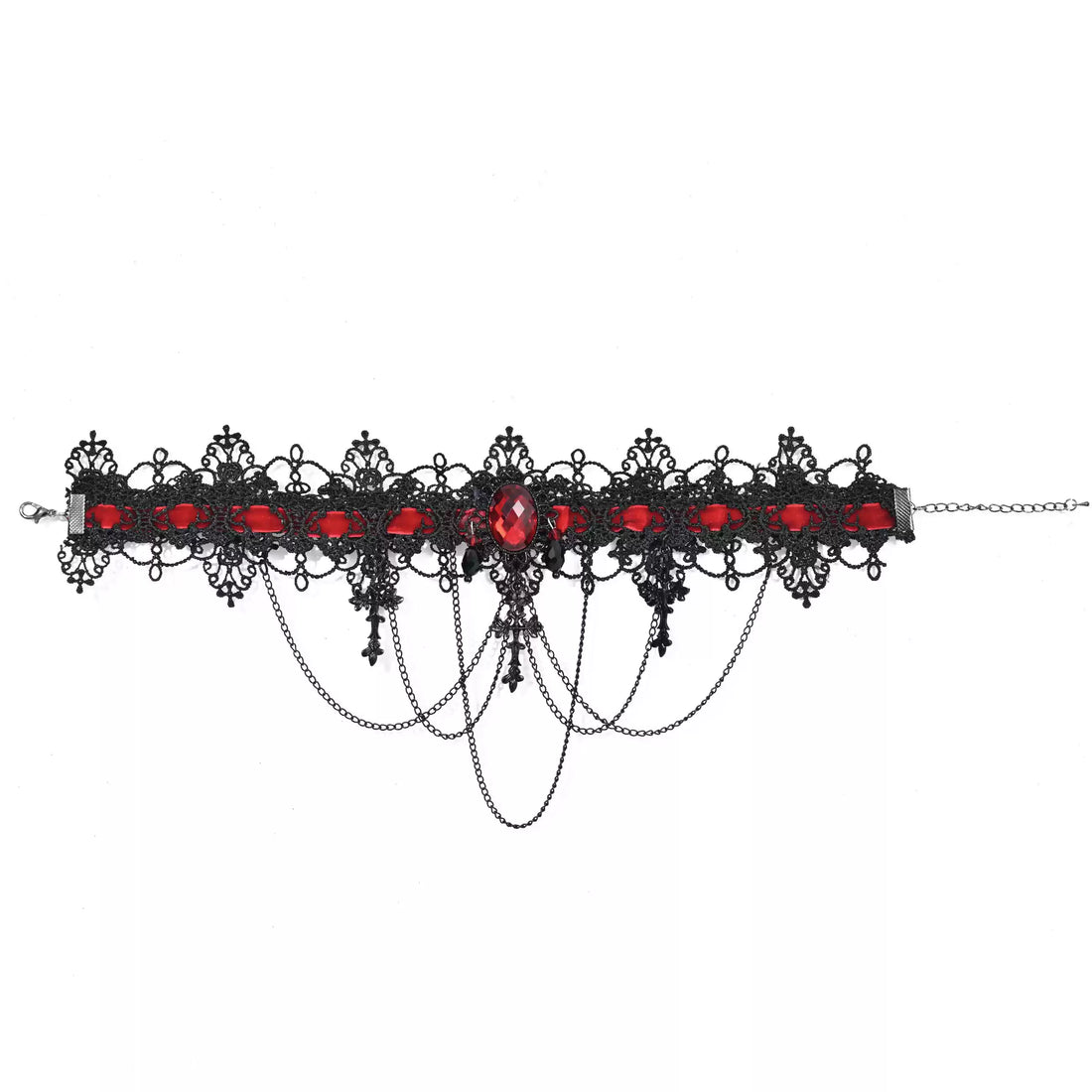 Crimson lace chain gothic choker on white background