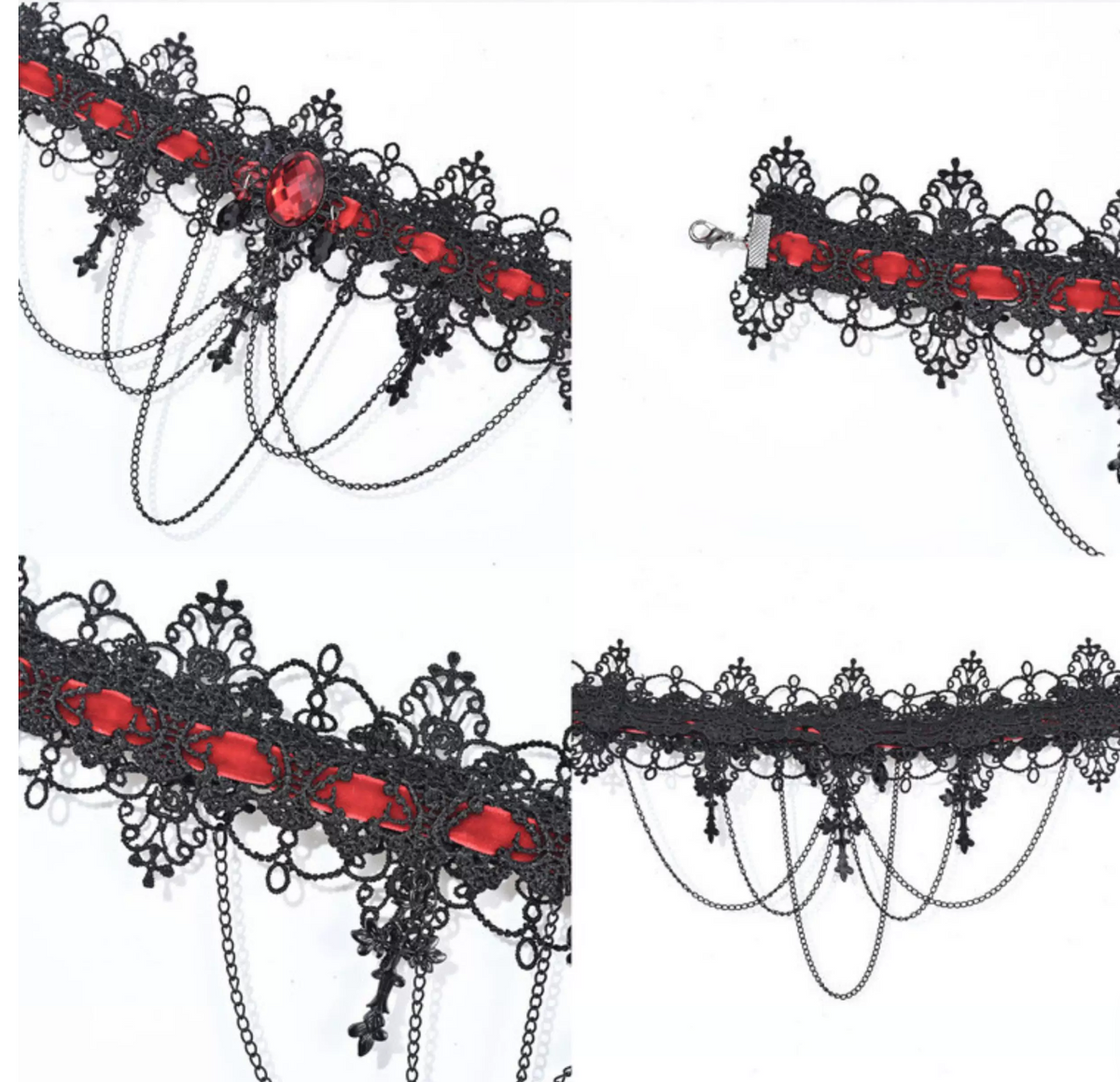 Crimson lace chain gothic choker construction details and reverse view