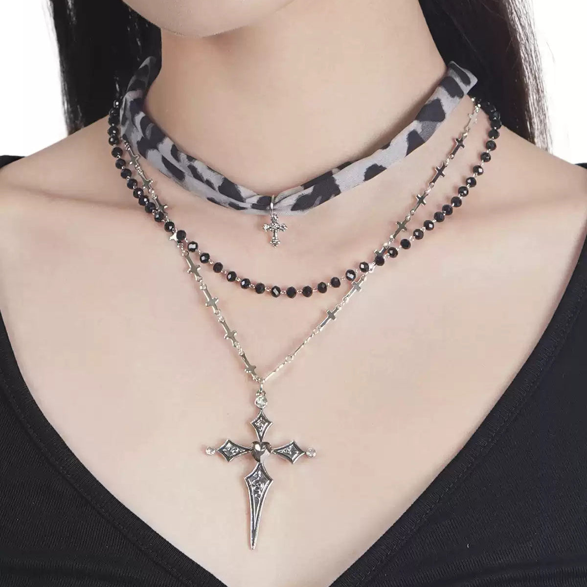 leopard cross layered necklace image 4